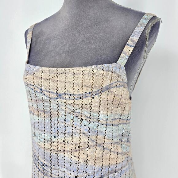 St John Evening Dress Womens 12 Beige Blue Sweater Stretch Knit Zipper Sequins - Picture 9 of 13